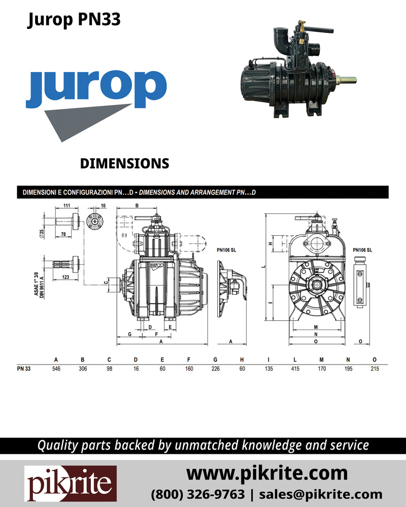 Image of dimensions of Jurop PN33 Vacuum Pump from Pik Rite