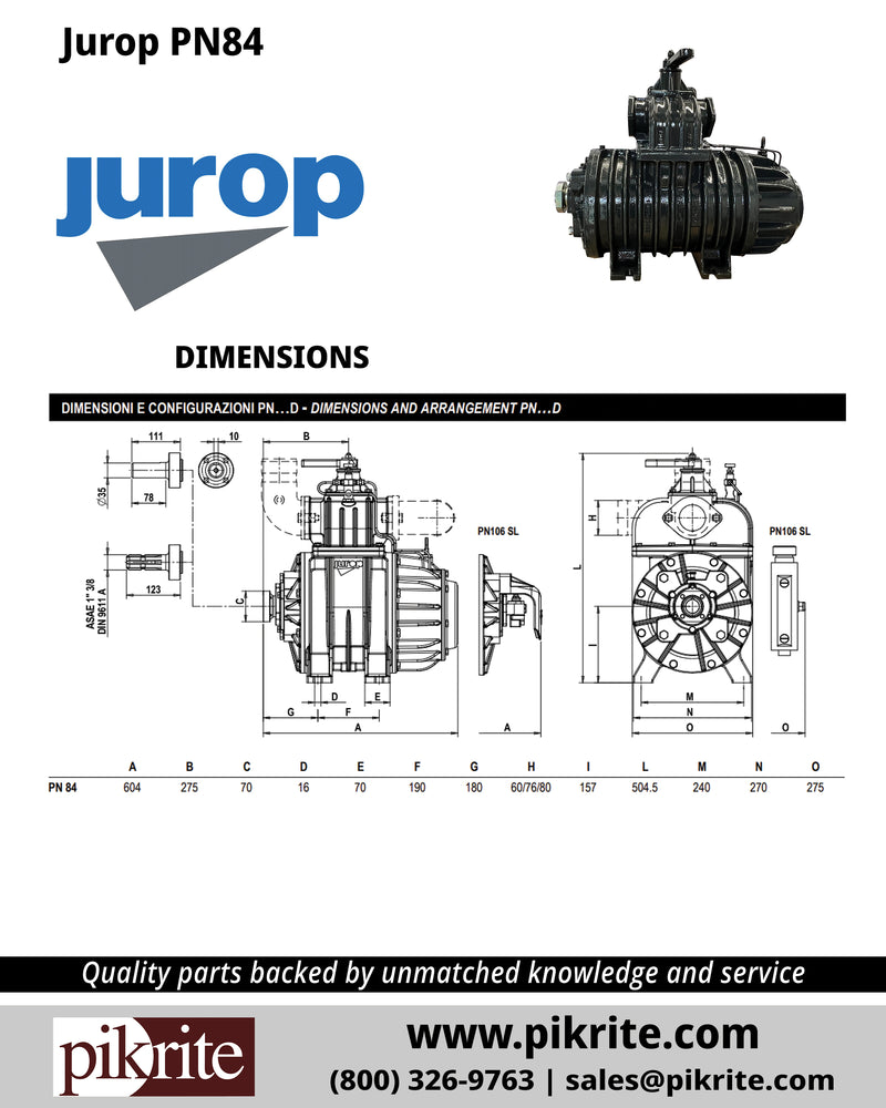 Image containing dimensions of Jurop PN84 Vacuum Pump from Pik Rite