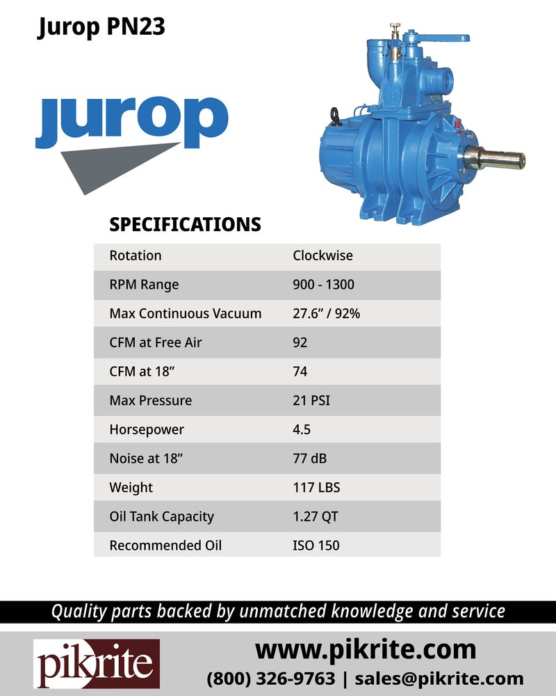 Specifications for Jurop PN23 Vacuum Pump with vanes from Pik Rite.
