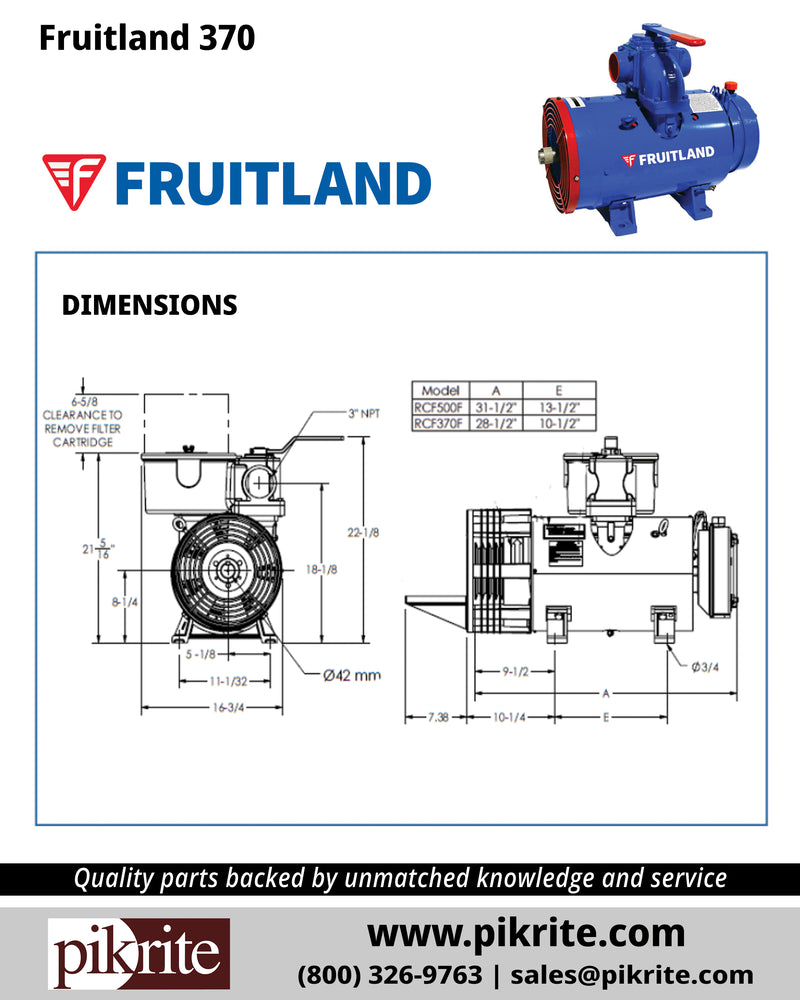 Dimensions of Fruitland 370 Vacuum Pump, Part Number RCF370LUA CCW, available from Pik Rite