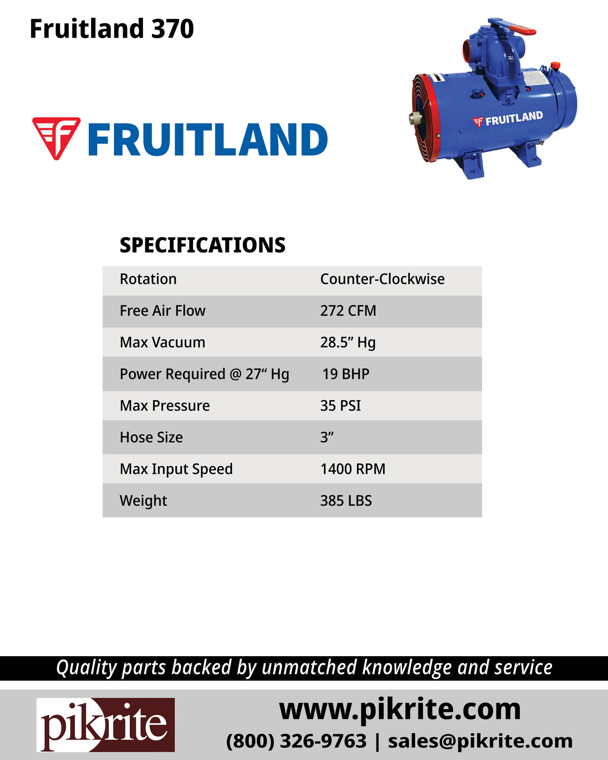 Fruitland 370 Vacuum Pump, Parts from Pik Rite