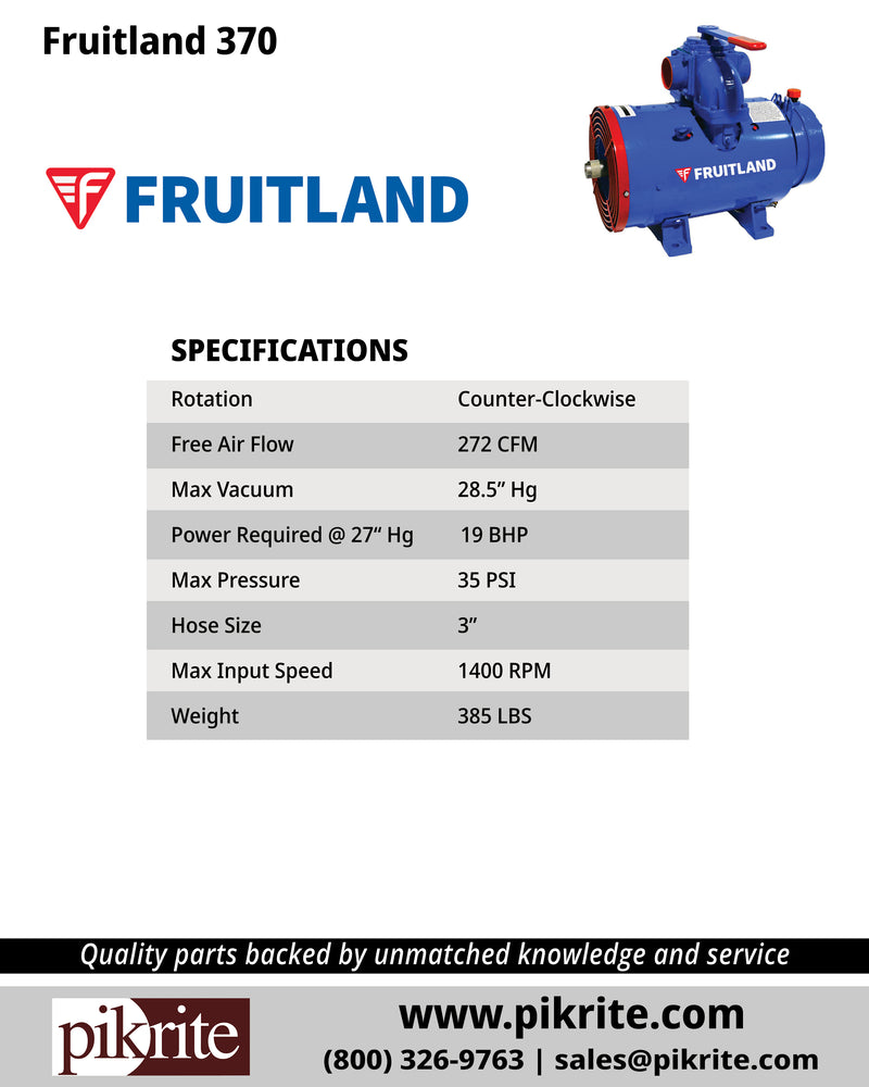 Specifications for Fruitland 370 Vacuum Pump, Part Number RCF370LUA CCW, available from Pik Rite
