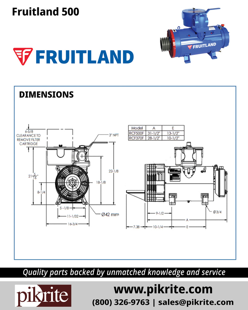 Dimensions for Fruitland 500 Vacuum Pump, available from Pik Pite