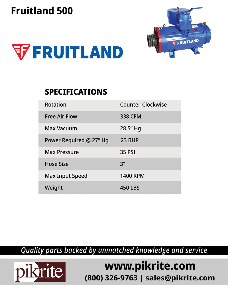 Specifications for Fruitland 500 Vacuum Pump, available from Pik Rite 