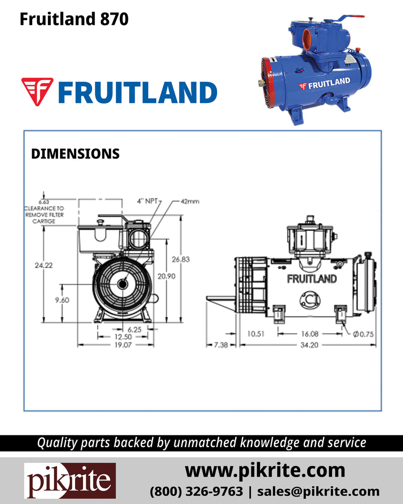Dimensions of Fruitland 870 Vacuum Pump, available from Pik Rite
