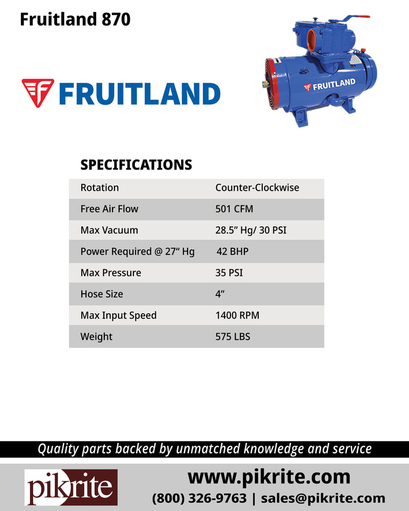 Specifications of Fruitland 870 Specifications, available from Pik Rite