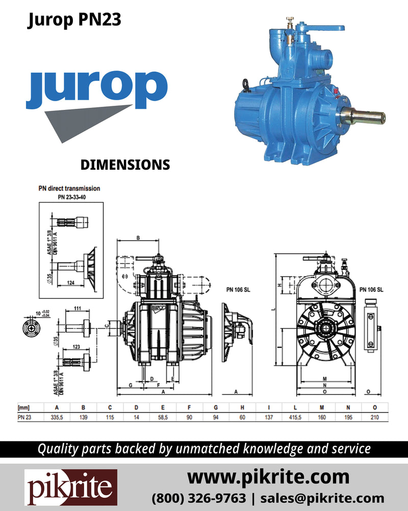 Dimensions for Jurop PN-23 PN23 PN 23 Vacuum Pump from Pik Rite